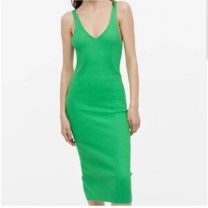 H&M Ribbed MIDI Dress Vibrant Green Deep V-neck Womens Medium